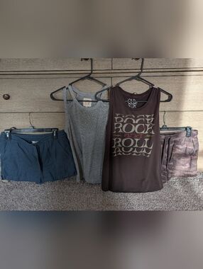 Char Sor Graphic Tank Top, Athleta Camo short, Char Sor Gray Tank, JCrew Short